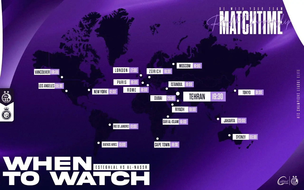 زمان بازی استقلال النصر در شهرهای گوناگون جهان + نقشه_خبررسان 3 زمان پخش بازی استقلال ایران و النصر عربستان در شهرهای مختلف جهان