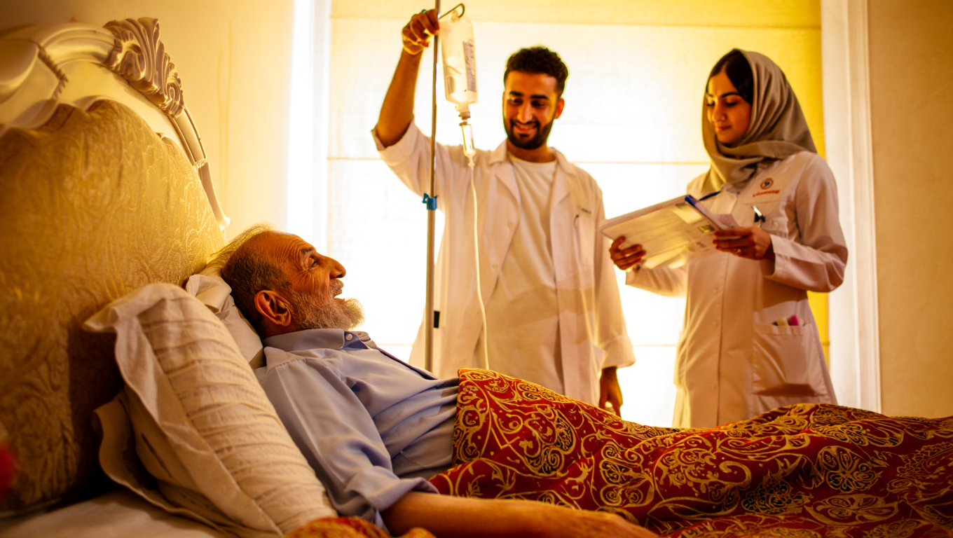 لبخند رضایت بیمار سالمند پس از دریافت خدمات سریع تزریقات و سرم تراپی در منزل توسط تیم پرستاری آبادیس