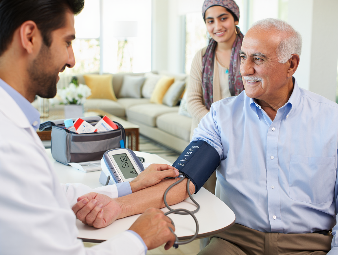 چک کردن فشار خون و علائم حیاتی بیمار توسط پرستار قبل از شروع سرم تراپی در منزل جهت امنیت حداکثری