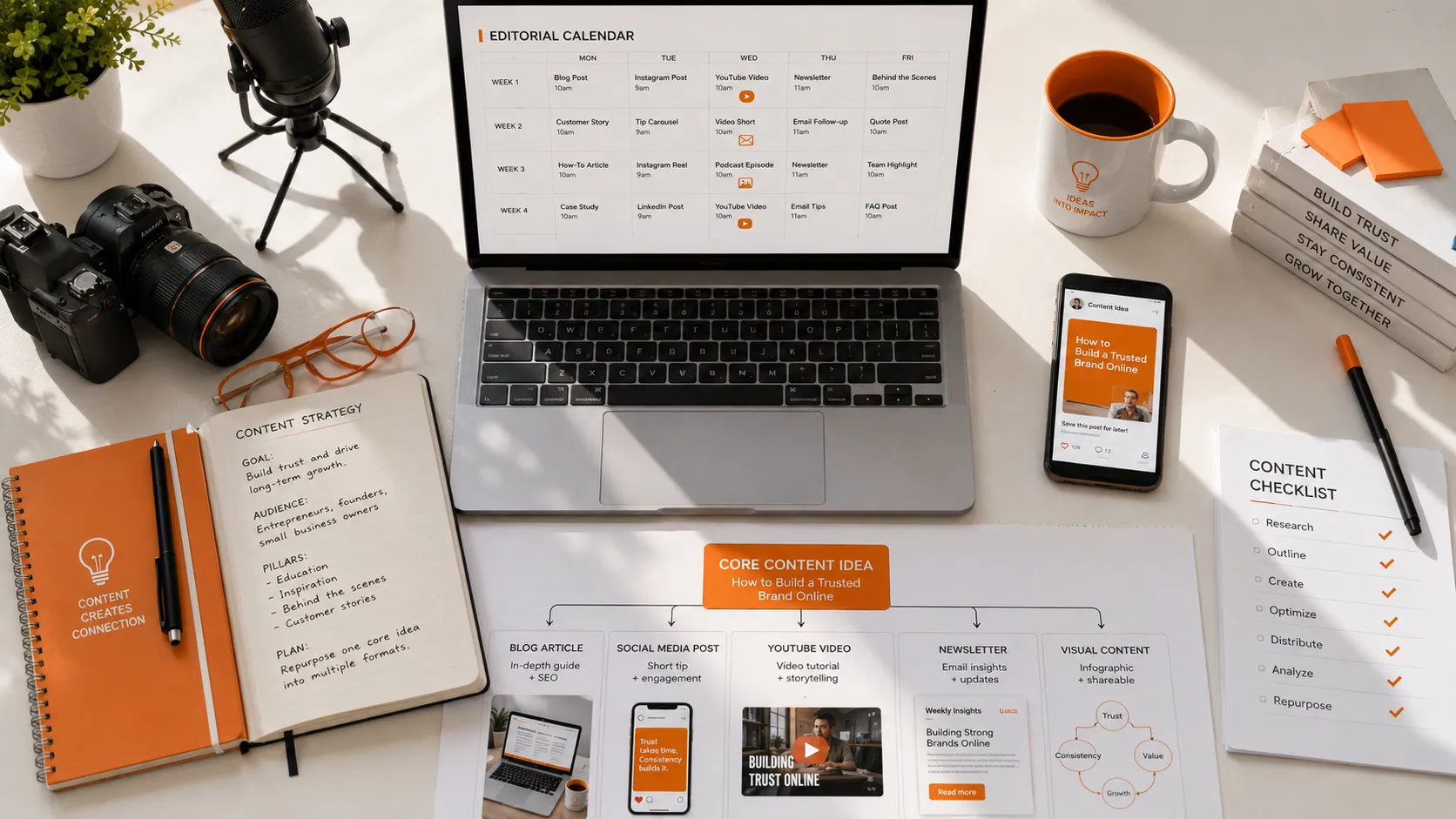 Content calendar and repurposing strategy for multiple marketing channels